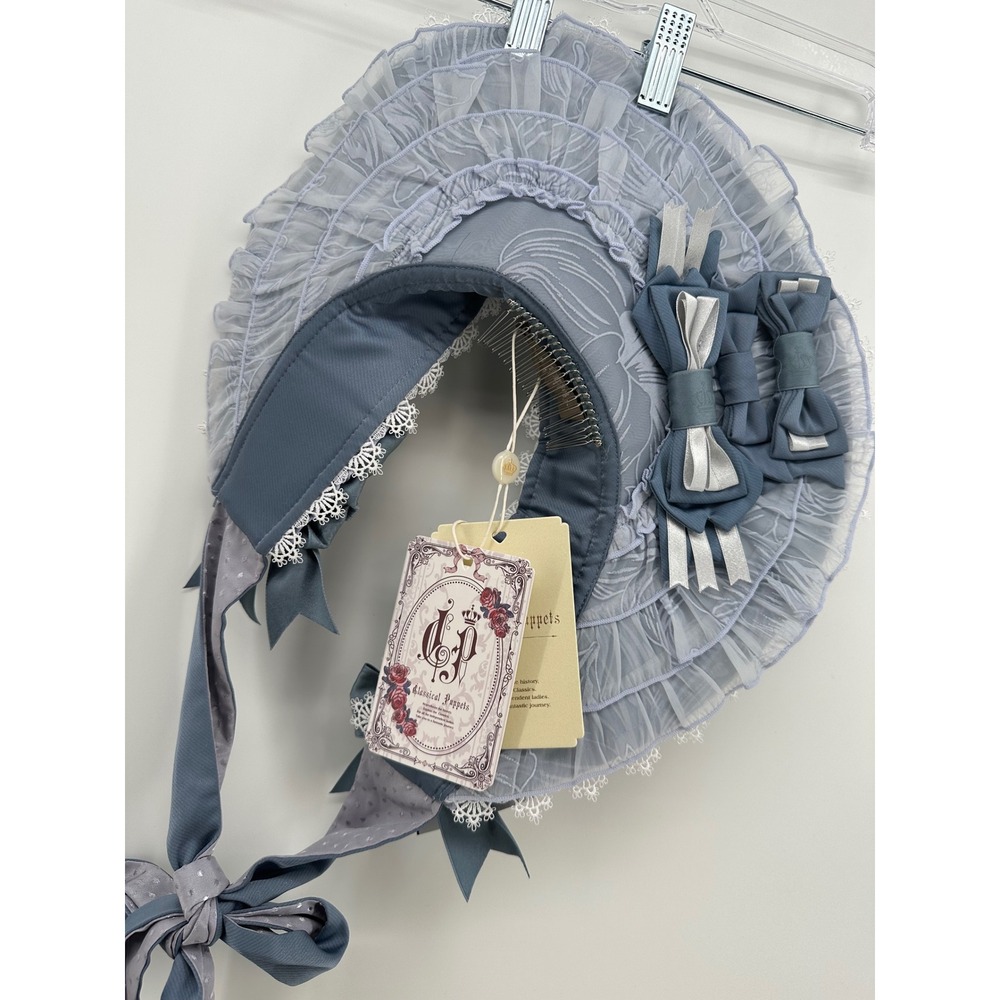 Classical Puppets Dusty Blue Ruffled Lolita Bonnet Lace Bows Hair Comb NWT
